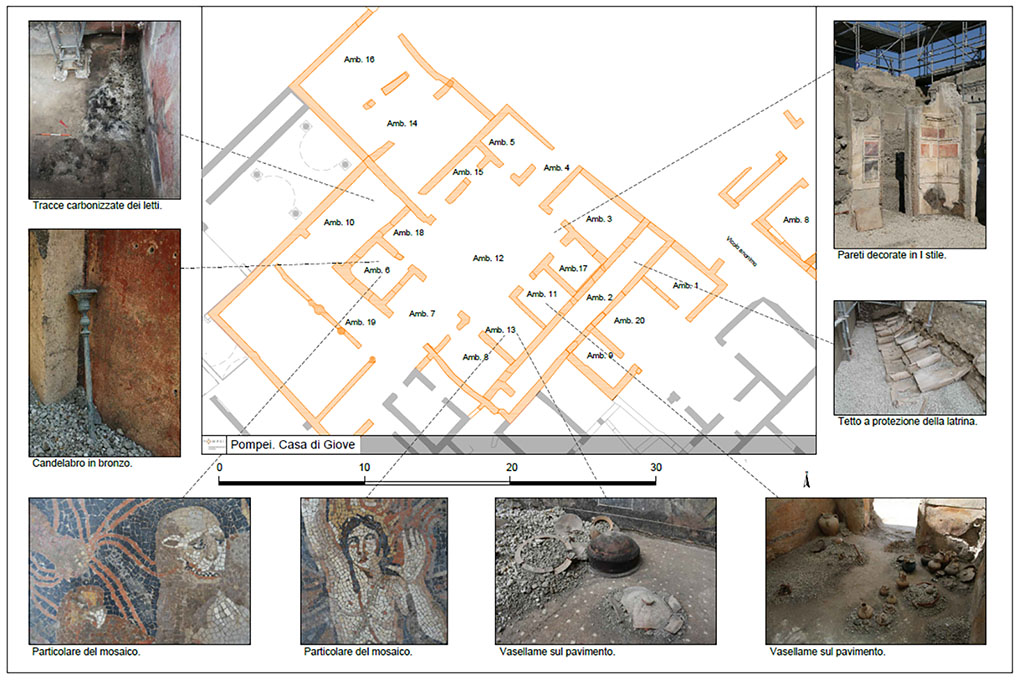 V.2 Pompeii. Casa di Orione or House of Orion. Parco Archeologico di Pompei plan following the new excavations in 2018.
The rooms uncovered in 2018 are numbered A1-A20 based on the plan published by the Parco Archeologico di Pompei. 